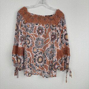 Zac & Rachel Womens Blouse Medium Floral Print Crochet Lace Top Boho